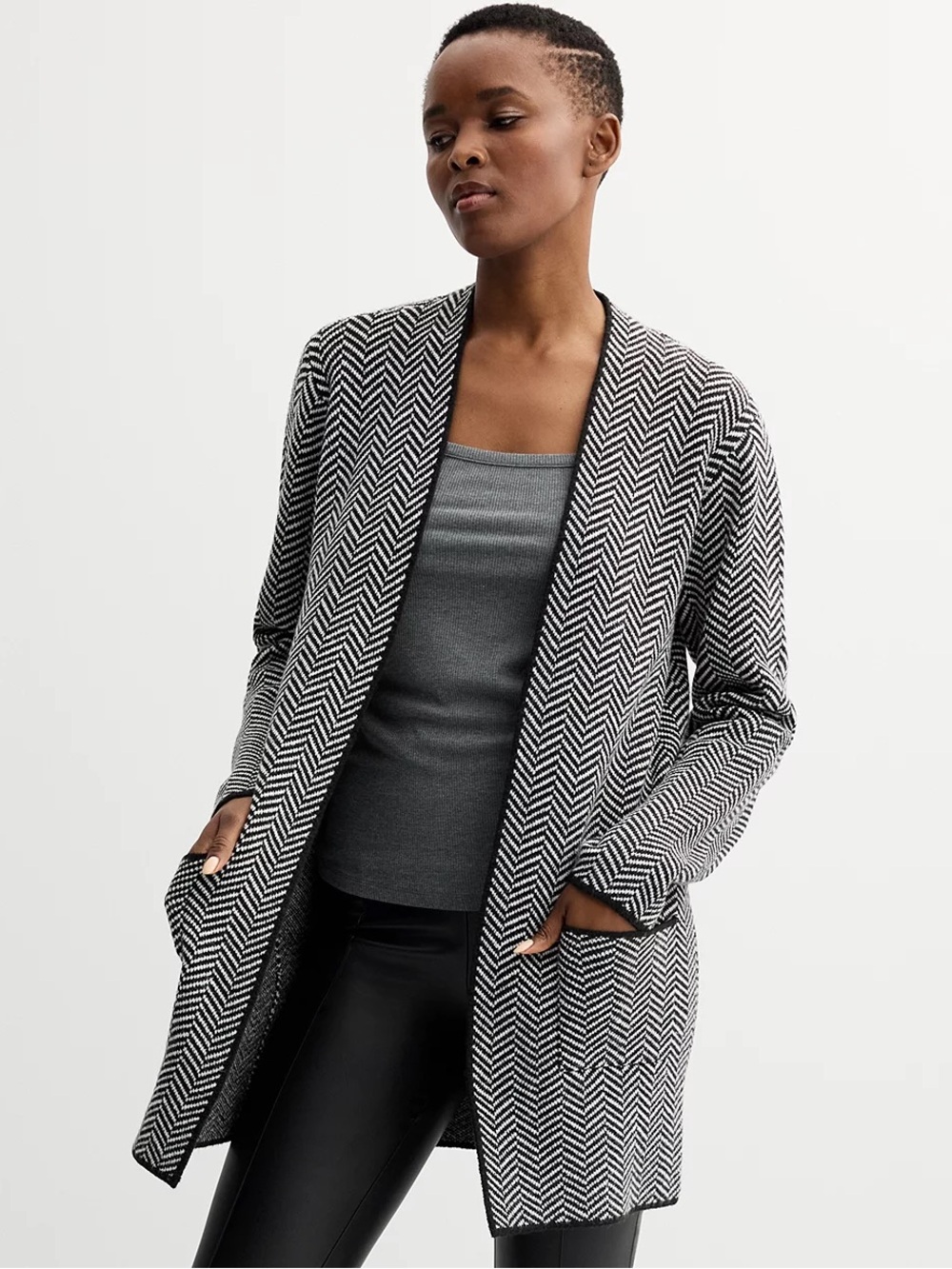 Nine West Black & White Herringbone Open Front Coatigan/Cardigan